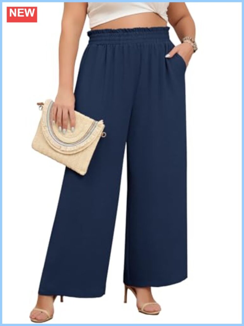 Plus Size Wide Leg Palazzo Pants High Waist Elastic Drawstring Pockets